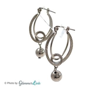 Double Hoop Looped Silver Tone Dangling Ball Bead Earrings
